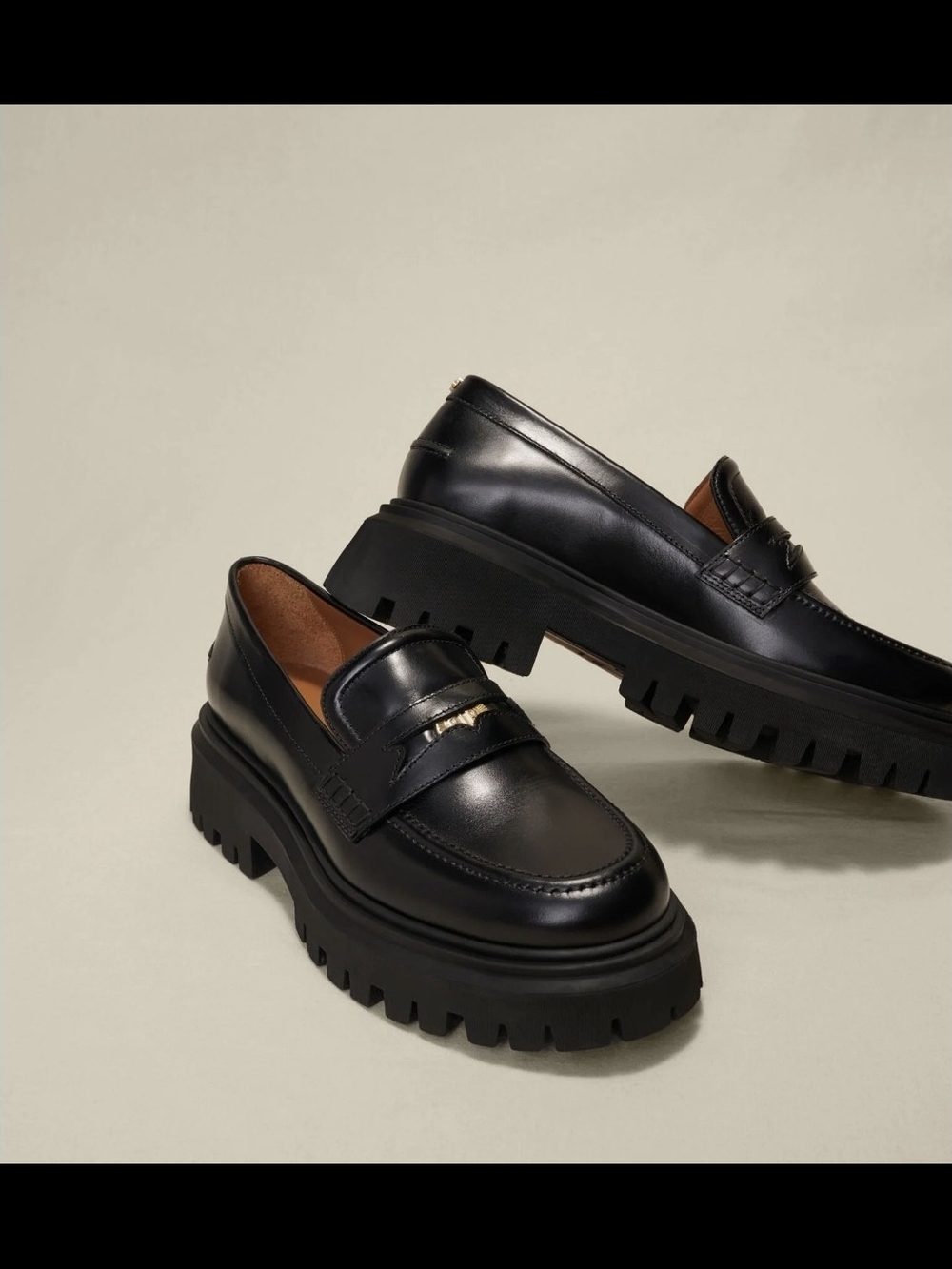 Maje Black Leather Medaille Lug-Sole Penny Loafers